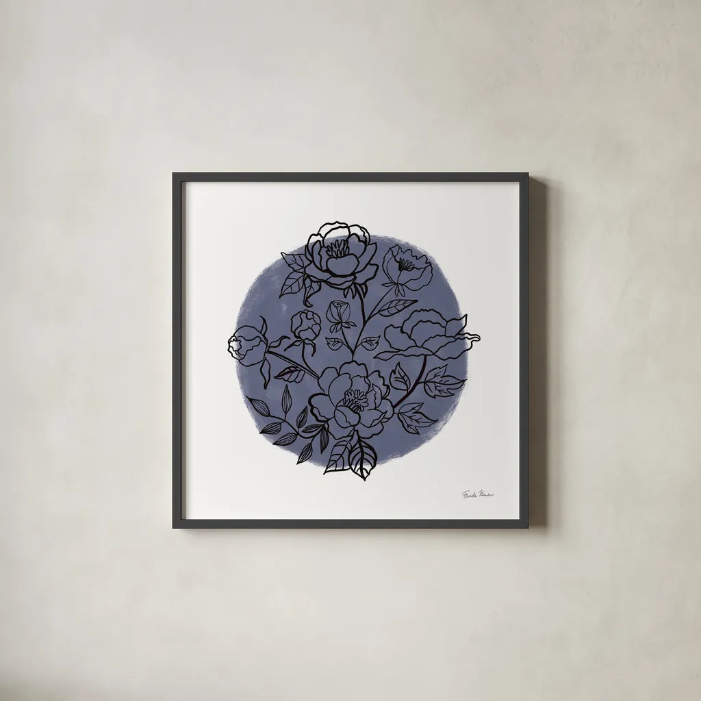 Black and White Botanical I Navy by Farida Zaman. Shown in a sleek black glass frame for a contemporary gallery look. Available as an archival giclee rolled canvas, fine art paper, or poster print. SKU 65149a.