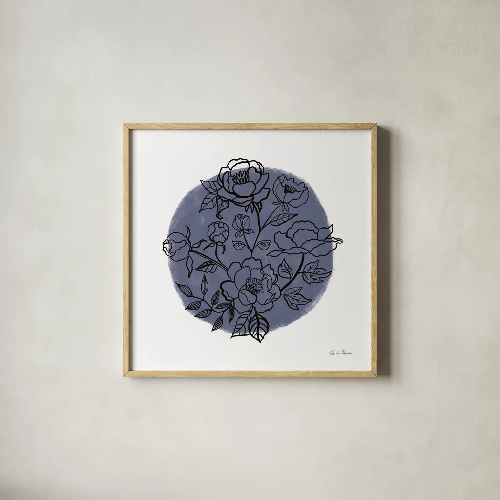 Black and White Botanical I Navy by Farida Zaman. Shown in a natural wood glass frame for a timeless modern aesthetic. Available as an archival giclee rolled canvas, fine art paper, or poster print. SKU 65149a.