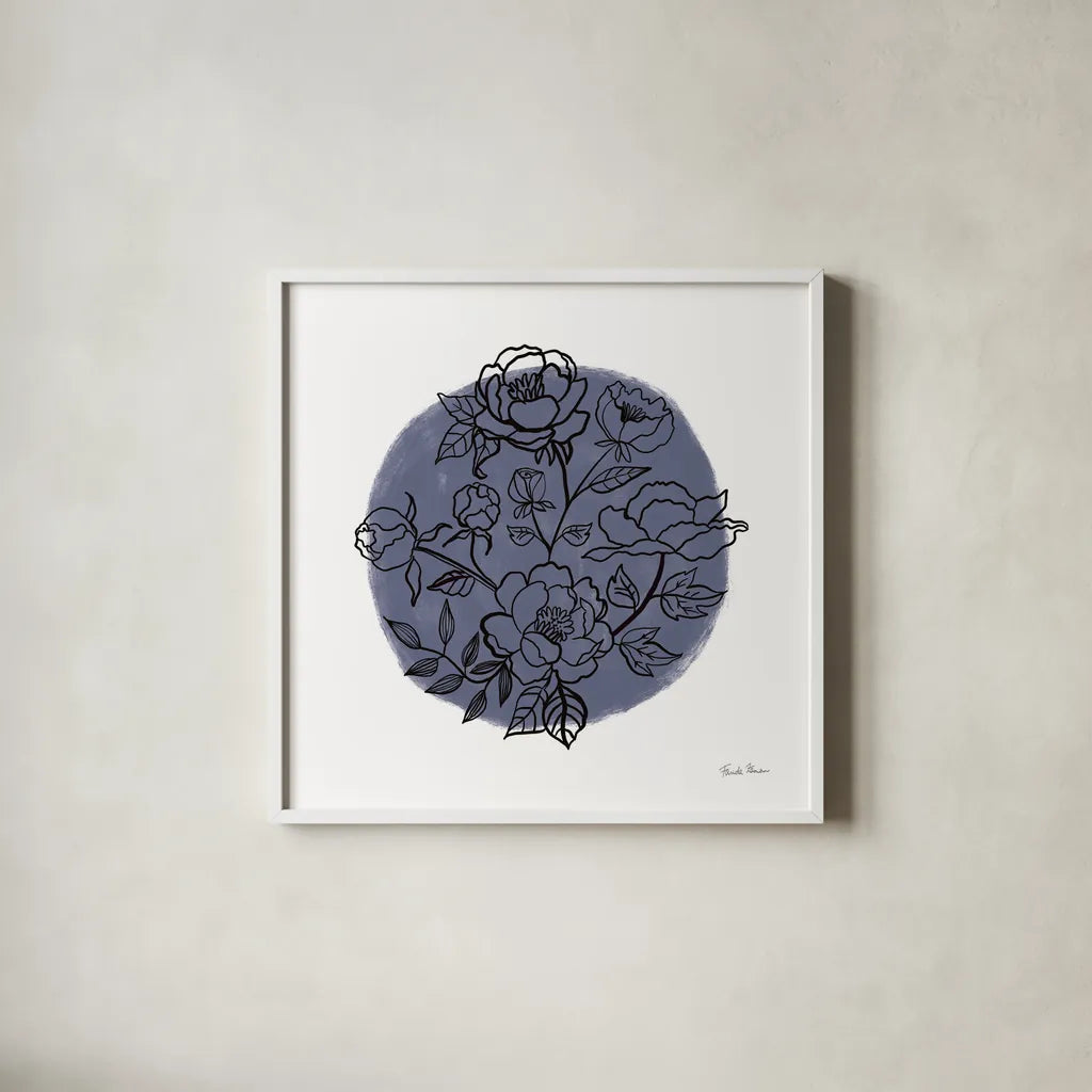 Black and White Botanical I Navy by Farida Zaman. Shown in a crisp white glass frame for a clean and minimalist style. Available as an archival giclee rolled canvas, fine art paper, or poster print. SKU 65149a.