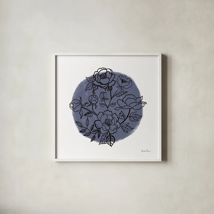 Black and White Botanical I Navy by Farida Zaman. Shown in a crisp white glass frame for a clean and minimalist style. Available as an archival giclee rolled canvas, fine art paper, or poster print. SKU 65149a.