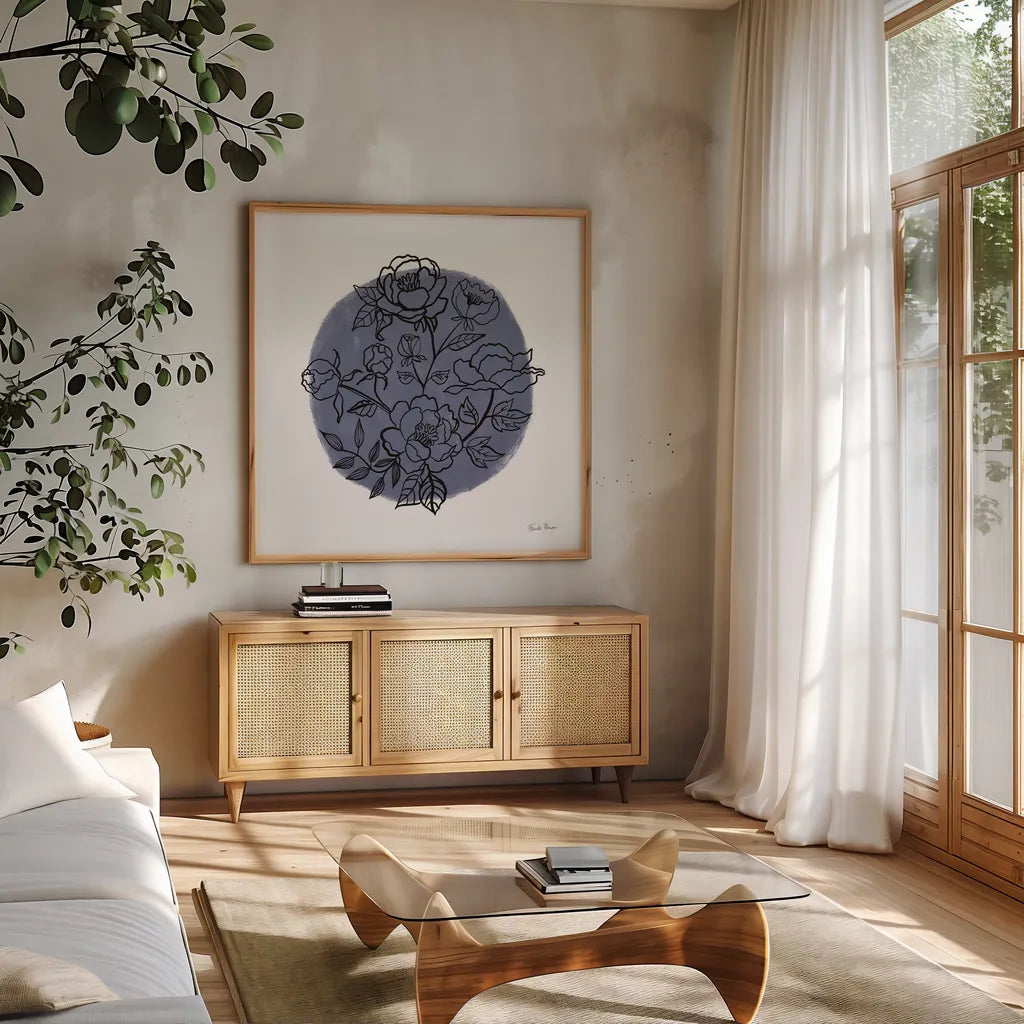 Black and White Botanical I Navy by Farida Zaman. Shown in a natural wood frame in a cozy modern living room. Available as an archival giclee rolled canvas, fine art paper, or poster print. SKU 65149a.