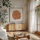 Black and White Botanical II by Farida Zaman. Shown in a natural wood frame in a cozy modern living room. Available as an archival giclee rolled canvas, fine art paper, or poster print. SKU 61602a.
