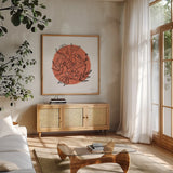 Black and White Botanical II Fiesta by Farida Zaman. Shown in a natural wood frame in a cozy modern living room. Available as an archival giclee rolled canvas, fine art paper, or poster print. SKU 65150a.