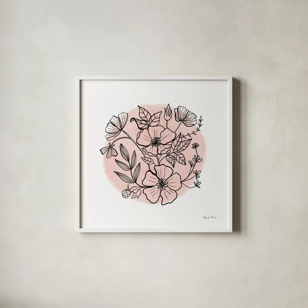 Black and White Botanical III Rose by Farida Zaman. Shown in a crisp white glass frame for a clean and minimalist style. Available as an archival giclee rolled canvas, fine art paper, or poster print. SKU 65151a.