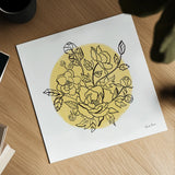 Black and White Botanical IV Sunshine by Farida Zaman. Shown as a detailed flat fine art print, highlighting archival giclee quality. Available as an archival giclee rolled canvas, fine art paper, or poster print. SKU 65152a.