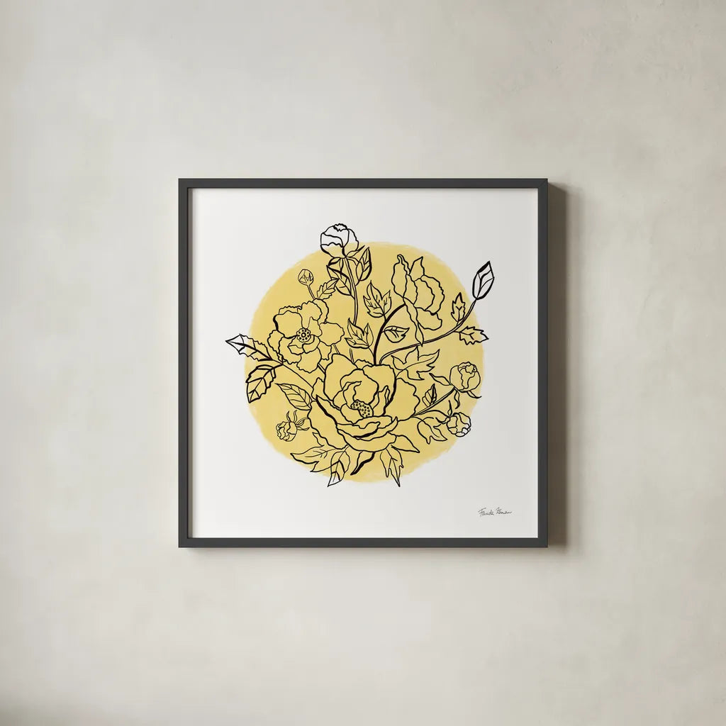 Black and White Botanical IV Sunshine by Farida Zaman. Shown in a sleek black glass frame for a contemporary gallery look. Available as an archival giclee rolled canvas, fine art paper, or poster print. SKU 65152a.