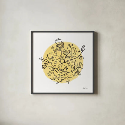 Black and White Botanical IV Sunshine by Farida Zaman. Shown in a sleek black glass frame for a contemporary gallery look. Available as an archival giclee rolled canvas, fine art paper, or poster print. SKU 65152a.