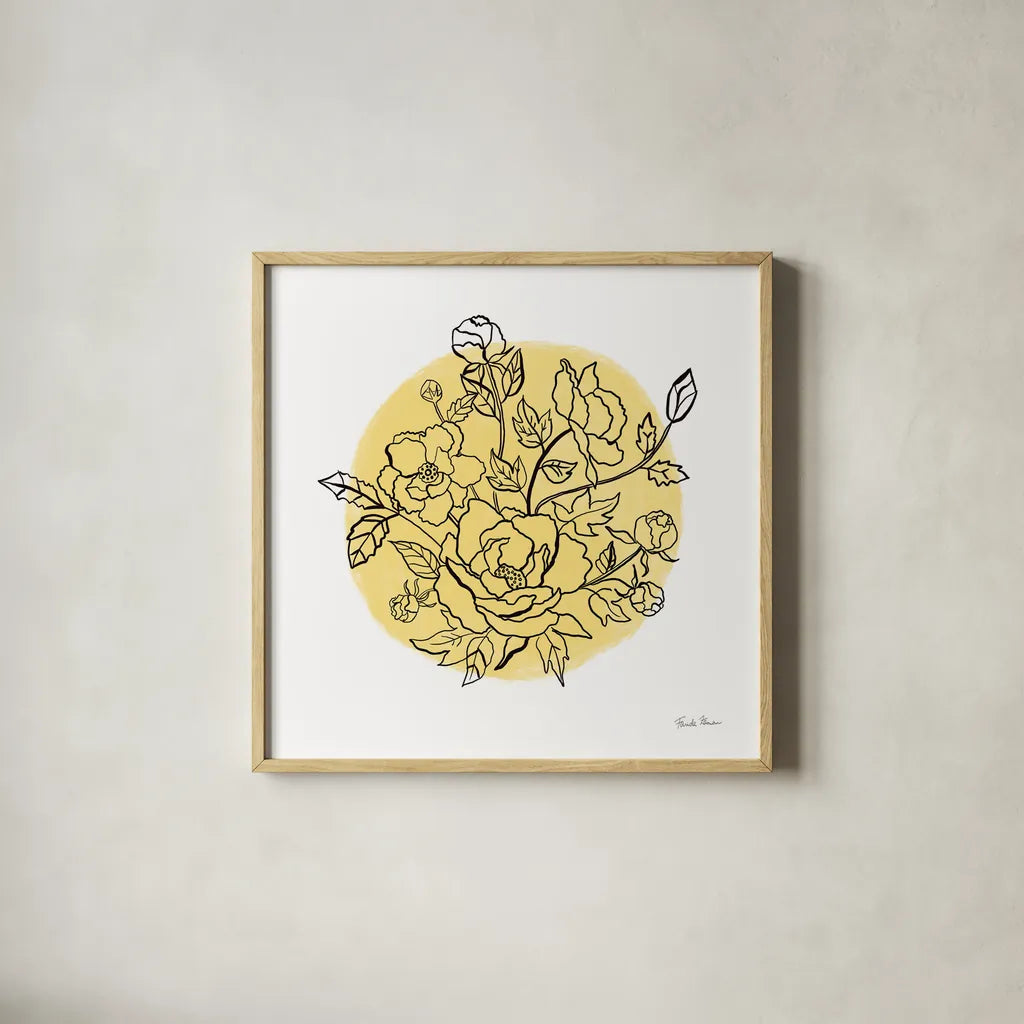 Black and White Botanical IV Sunshine by Farida Zaman. Shown in a natural wood glass frame for a timeless modern aesthetic. Available as an archival giclee rolled canvas, fine art paper, or poster print. SKU 65152a.