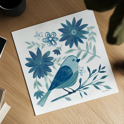 Blue Bird I by Farida Zaman. Shown as a detailed flat fine art print, highlighting archival giclee quality. Available as an archival giclee rolled canvas, fine art paper, or poster print. SKU 79039a.