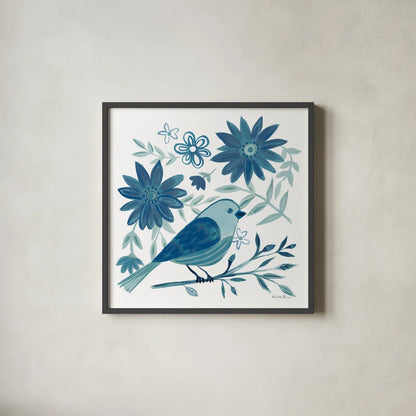 Blue Bird I by Farida Zaman. Shown in a sleek black glass frame for a contemporary gallery look. Available as an archival giclee rolled canvas, fine art paper, or poster print. SKU 79039a.