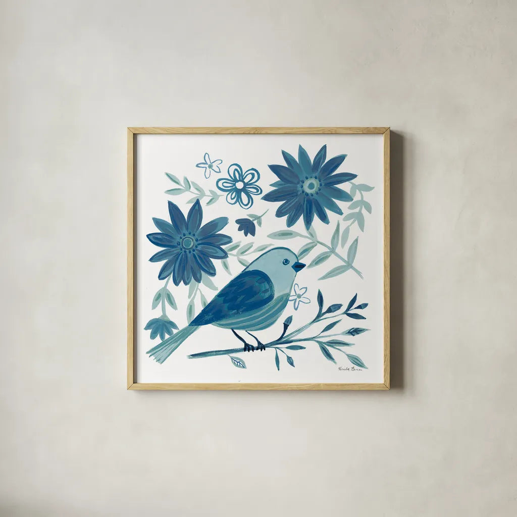 Blue Bird I by Farida Zaman. Shown in a natural wood glass frame for a timeless modern aesthetic. Available as an archival giclee rolled canvas, fine art paper, or poster print. SKU 79039a.
