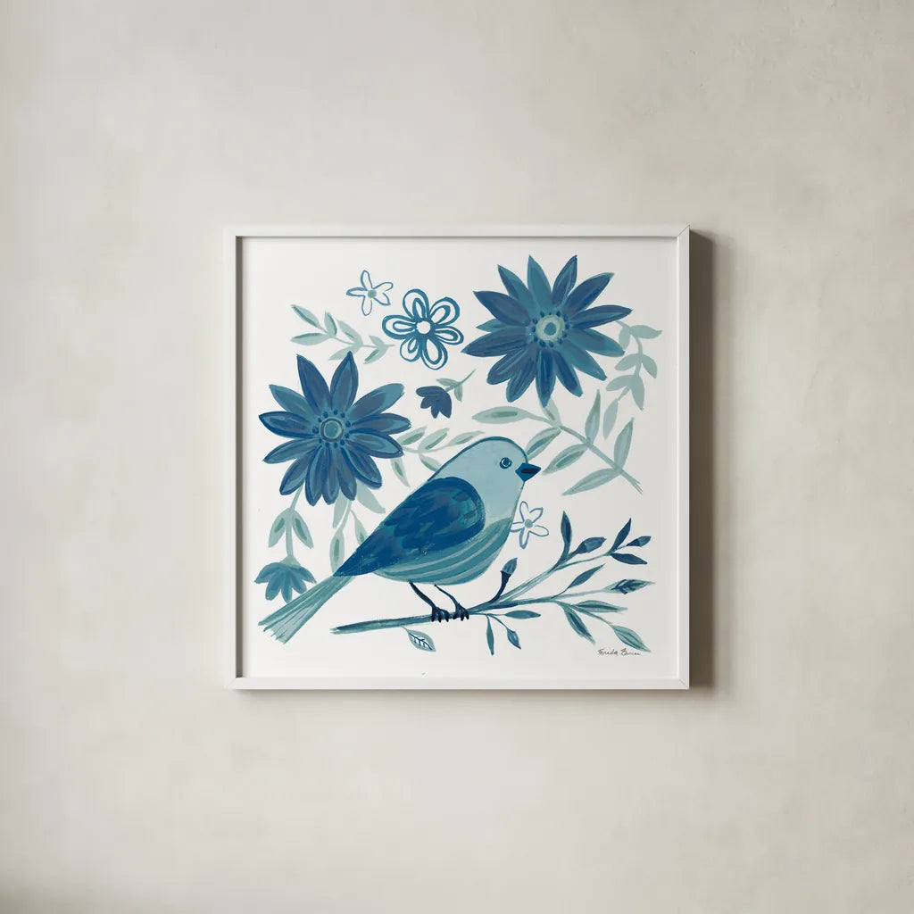 Blue Bird I by Farida Zaman. Shown in a crisp white glass frame for a clean and minimalist style. Available as an archival giclee rolled canvas, fine art paper, or poster print. SKU 79039a.