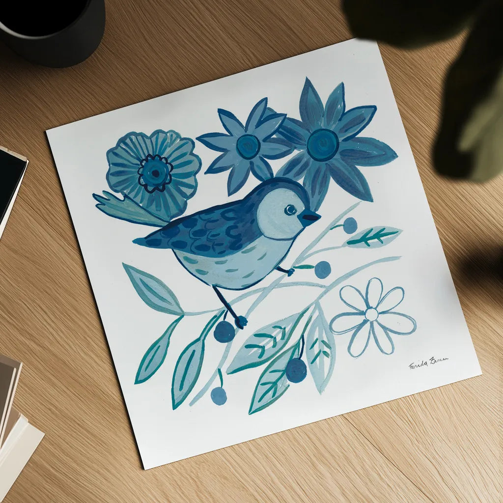 Blue Bird III by Farida Zaman. Shown as a detailed flat fine art print, highlighting archival giclee quality. Available as an archival giclee rolled canvas, fine art paper, or poster print. SKU 79040a.