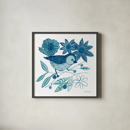 Blue Bird III by Farida Zaman. Shown in a sleek black glass frame for a contemporary gallery look. Available as an archival giclee rolled canvas, fine art paper, or poster print. SKU 79040a.