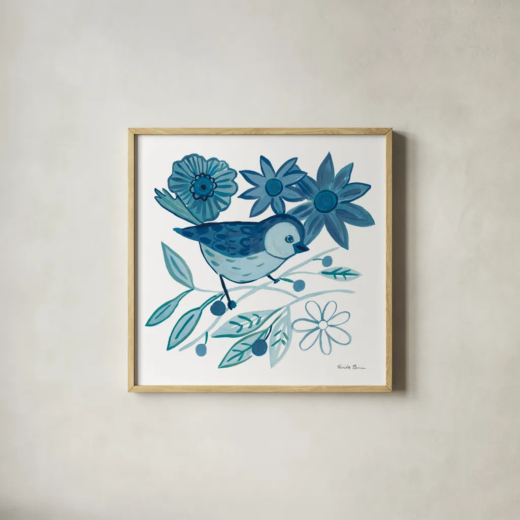 Blue Bird III by Farida Zaman. Shown in a natural wood glass frame for a timeless modern aesthetic. Available as an archival giclee rolled canvas, fine art paper, or poster print. SKU 79040a.