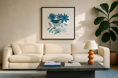 Blue Bird III by Farida Zaman. Displayed in a glass frame with matte in a clean modern living room. Available as an archival giclee rolled canvas, fine art paper, or poster print. SKU 79040a.