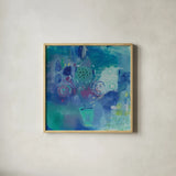 Blue Bouquet by Farida Zaman. Shown in a natural wood glass frame for a timeless modern aesthetic. Available as an archival giclee rolled canvas, fine art paper, or poster print. SKU 38705a.