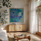 Blue Bouquet by Farida Zaman. Shown in a natural wood frame in a cozy modern living room. Available as an archival giclee rolled canvas, fine art paper, or poster print. SKU 38705a.