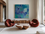 Blue Bouquet by Farida Zaman. Shown as extra-large giant wall art in a modern living room. Available as an archival giclee rolled canvas, fine art paper, or poster print. SKU 38705a.