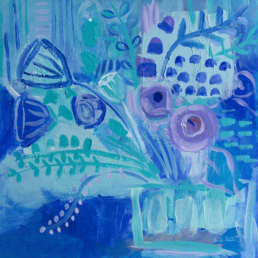 Blue Flora Abstract by Farida Zaman. SKU 60944a. Archival Giclee Fine art print for wall decor.