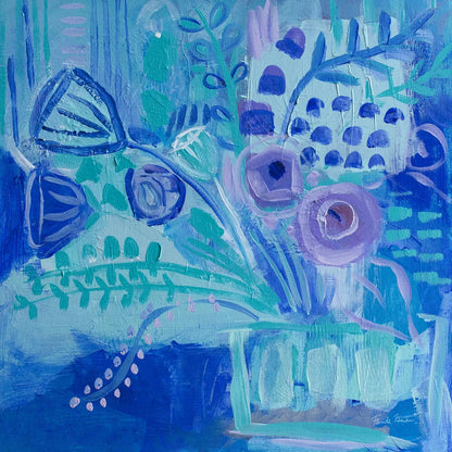 Blue Flora Abstract by Farida Zaman. SKU 60944a. Archival Giclee Fine art print for wall decor.