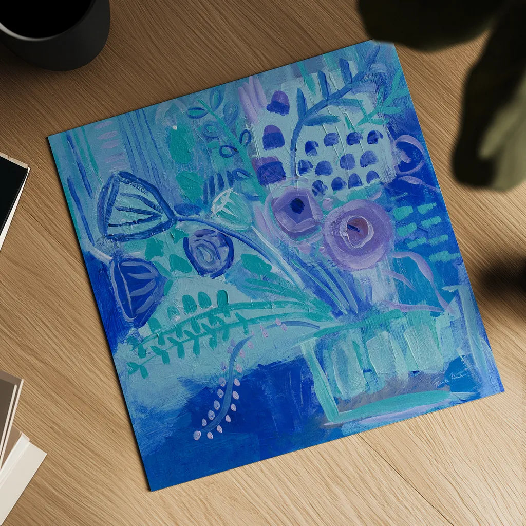 Blue Flora Abstract by Farida Zaman. Shown as a detailed flat fine art print, highlighting archival giclee quality. Available as an archival giclee rolled canvas, fine art paper, or poster print. SKU 60944a.