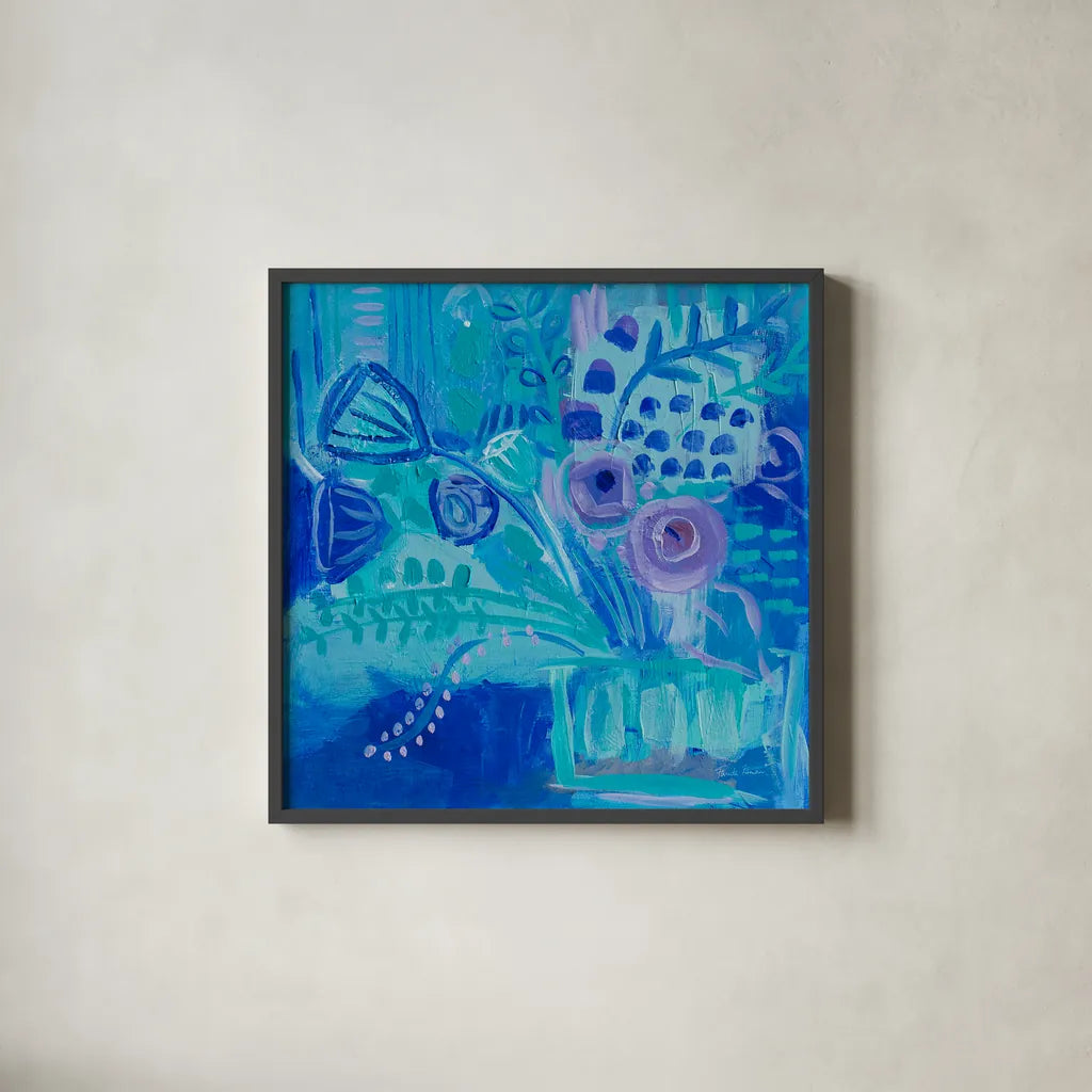Blue Flora Abstract by Farida Zaman. Shown in a sleek black glass frame for a contemporary gallery look. Available as an archival giclee rolled canvas, fine art paper, or poster print. SKU 60944a.