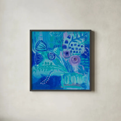 Blue Flora Abstract by Farida Zaman. Shown in a sleek black glass frame for a contemporary gallery look. Available as an archival giclee rolled canvas, fine art paper, or poster print. SKU 60944a.