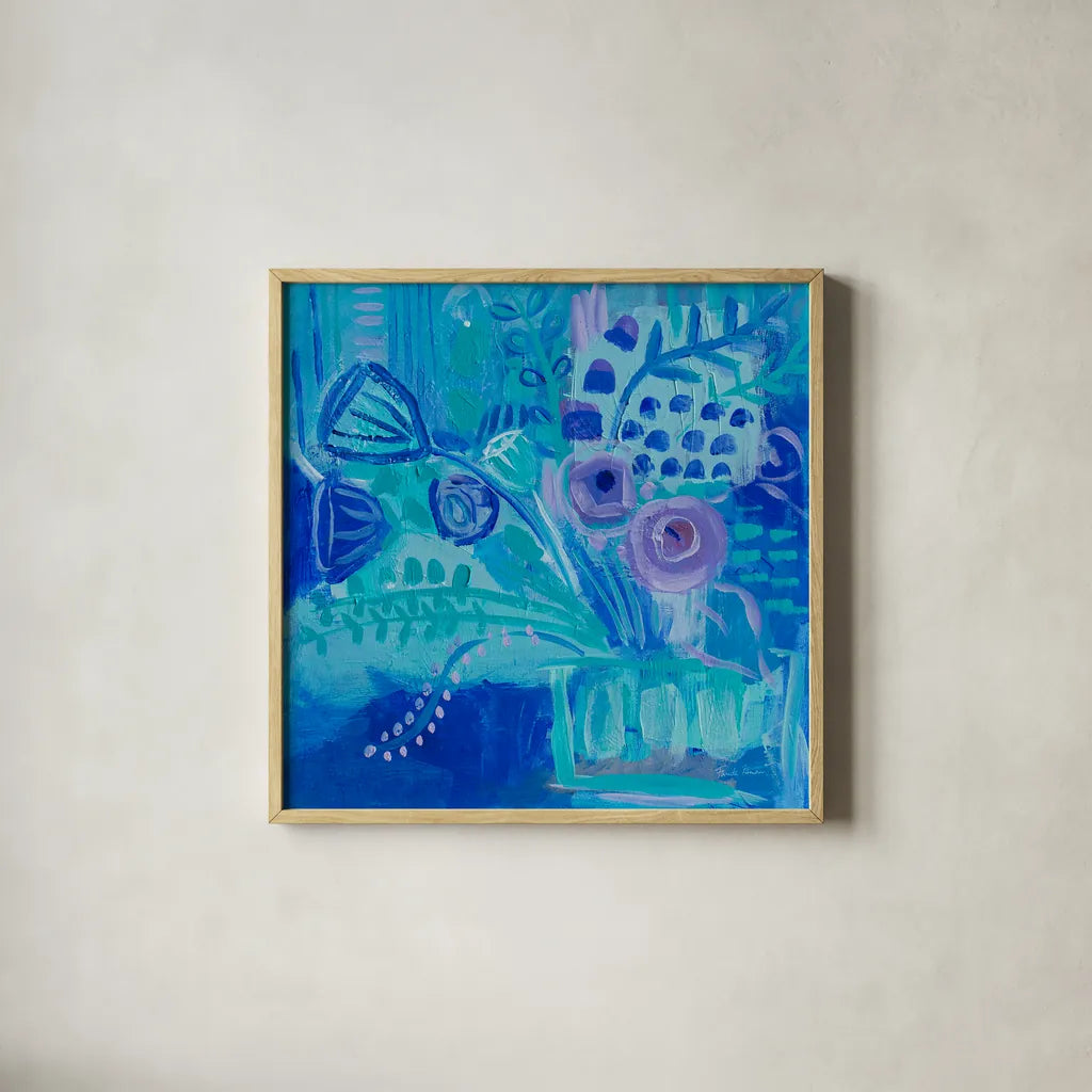 Blue Flora Abstract by Farida Zaman. Shown in a natural wood glass frame for a timeless modern aesthetic. Available as an archival giclee rolled canvas, fine art paper, or poster print. SKU 60944a.
