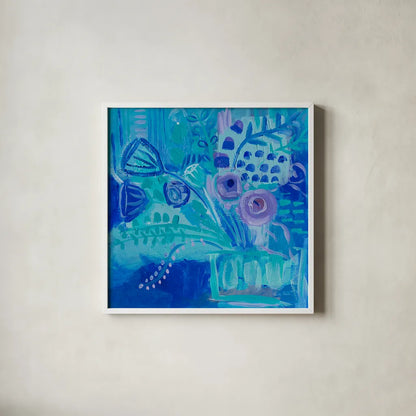 Blue Flora Abstract by Farida Zaman. Shown in a crisp white glass frame for a clean and minimalist style. Available as an archival giclee rolled canvas, fine art paper, or poster print. SKU 60944a.
