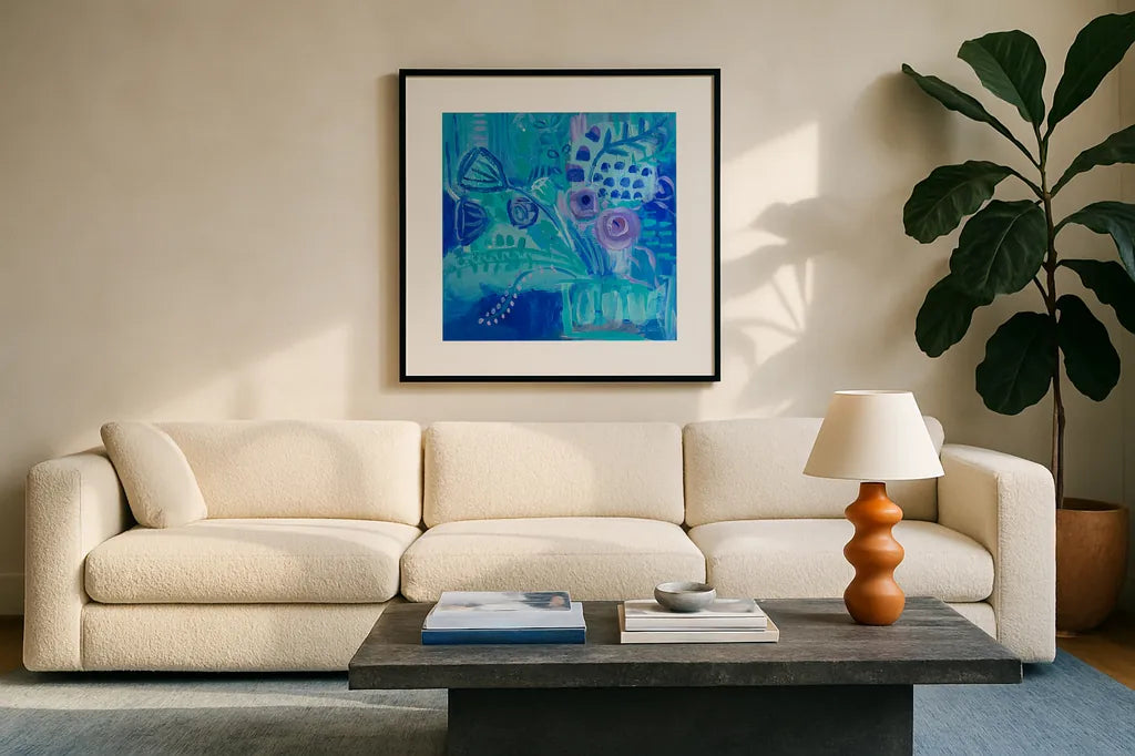 Blue Flora Abstract by Farida Zaman. Displayed in a glass frame with matte in a clean modern living room. Available as an archival giclee rolled canvas, fine art paper, or poster print. SKU 60944a.