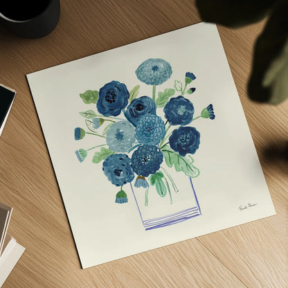 Blue Mums by Farida Zaman. Shown as a detailed flat fine art print, highlighting archival giclee quality. Available as an archival giclee rolled canvas, fine art paper, or poster print. SKU 79041a.