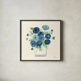 Blue Mums by Farida Zaman. Shown in a sleek black glass frame for a contemporary gallery look. Available as an archival giclee rolled canvas, fine art paper, or poster print. SKU 79041a.