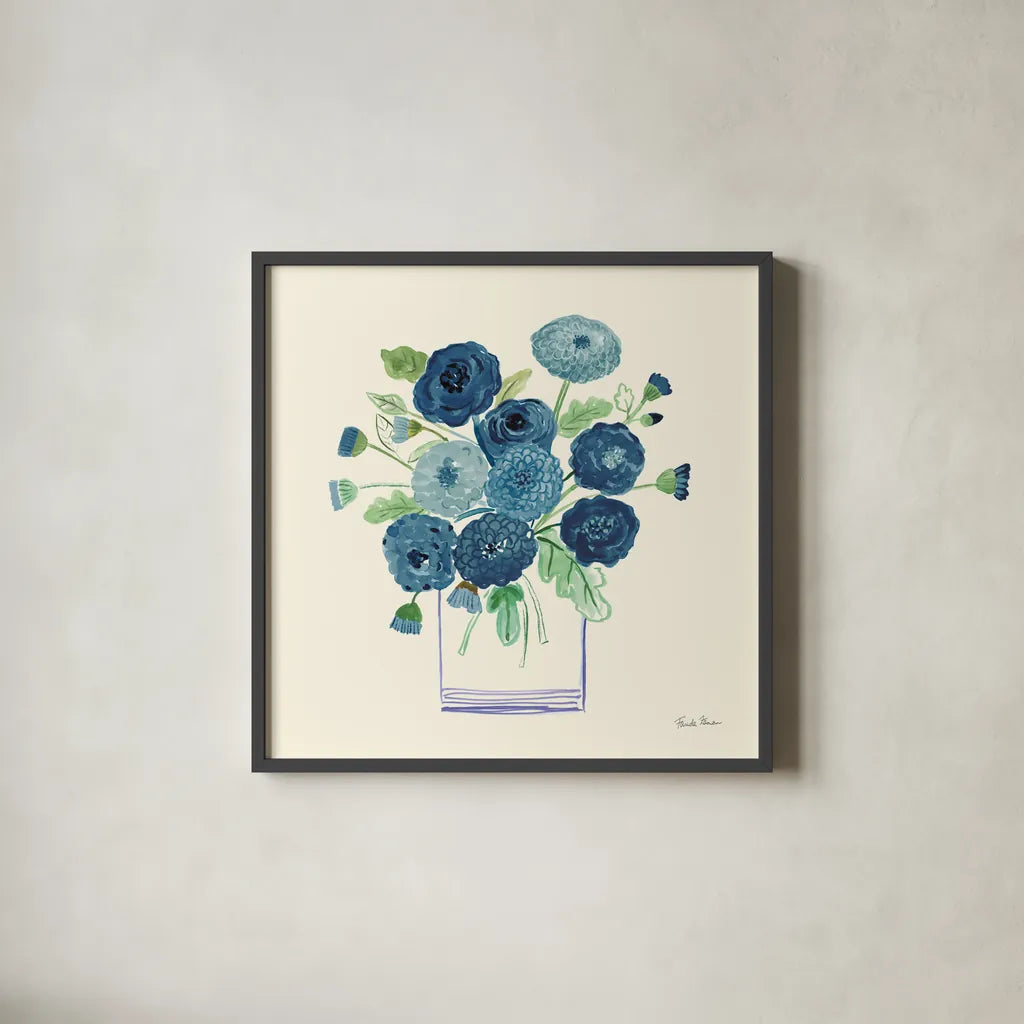 Blue Mums by Farida Zaman. Shown in a sleek black glass frame for a contemporary gallery look. Available as an archival giclee rolled canvas, fine art paper, or poster print. SKU 79041a.