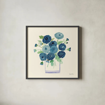 Blue Mums by Farida Zaman. Shown in a sleek black glass frame for a contemporary gallery look. Available as an archival giclee rolled canvas, fine art paper, or poster print. SKU 79041a.