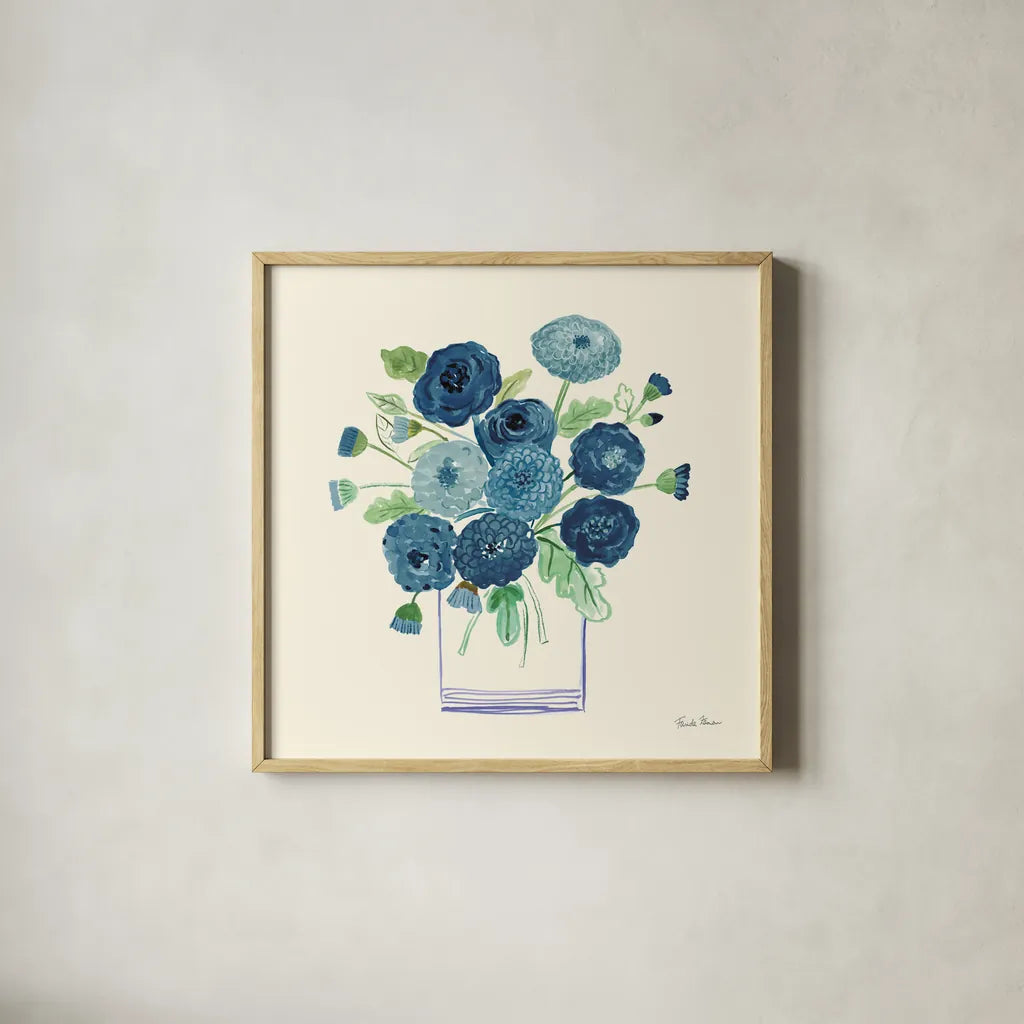 Blue Mums by Farida Zaman. Shown in a natural wood glass frame for a timeless modern aesthetic. Available as an archival giclee rolled canvas, fine art paper, or poster print. SKU 79041a.