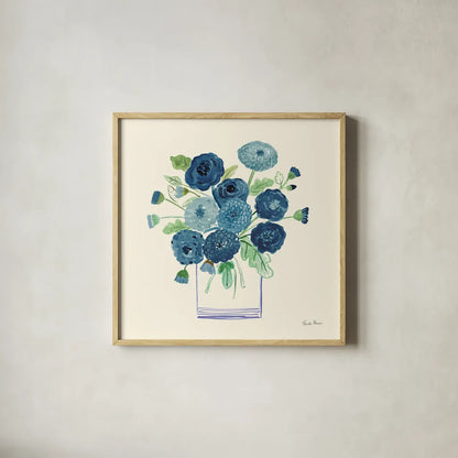Blue Mums by Farida Zaman. Shown in a natural wood glass frame for a timeless modern aesthetic. Available as an archival giclee rolled canvas, fine art paper, or poster print. SKU 79041a.