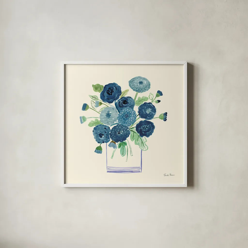 Blue Mums by Farida Zaman. Shown in a crisp white glass frame for a clean and minimalist style. Available as an archival giclee rolled canvas, fine art paper, or poster print. SKU 79041a.