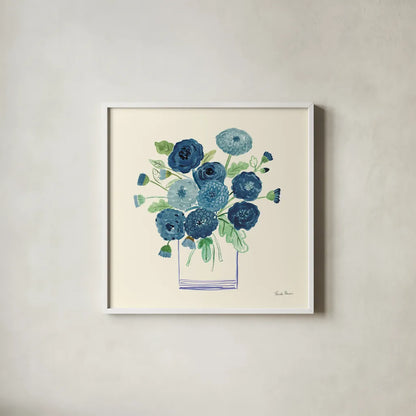 Blue Mums by Farida Zaman. Shown in a crisp white glass frame for a clean and minimalist style. Available as an archival giclee rolled canvas, fine art paper, or poster print. SKU 79041a.