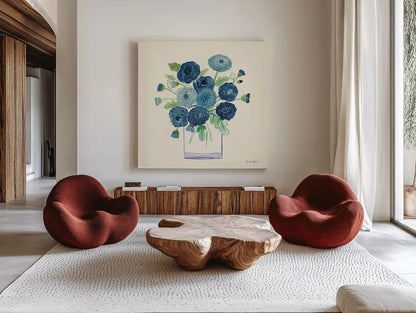Blue Mums by Farida Zaman. Shown as extra-large giant wall art in a modern living room. Available as an archival giclee rolled canvas, fine art paper, or poster print. SKU 79041a.