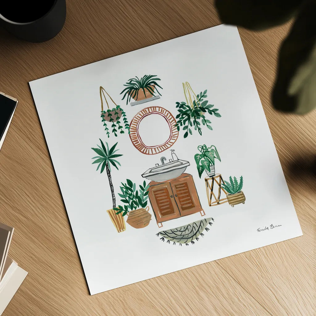 Boho Bathroom I by Farida Zaman. Shown as a detailed flat fine art print, highlighting archival giclee quality. Available as an archival giclee rolled canvas, fine art paper, or poster print. SKU 82870a.