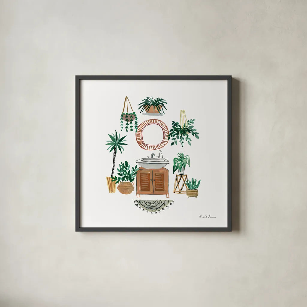 Boho Bathroom I by Farida Zaman. Shown in a sleek black glass frame for a contemporary gallery look. Available as an archival giclee rolled canvas, fine art paper, or poster print. SKU 82870a.