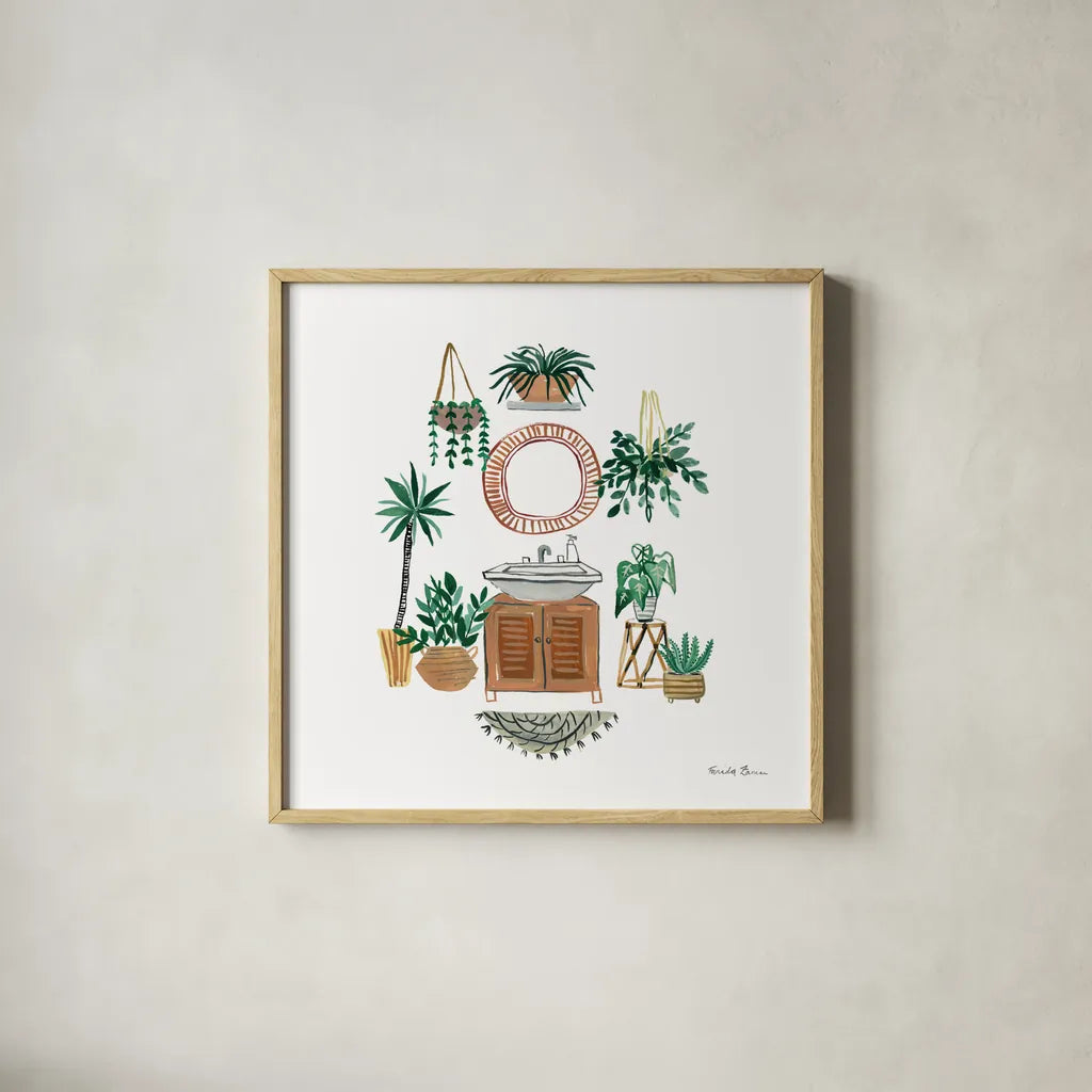 Boho Bathroom I by Farida Zaman. Shown in a natural wood glass frame for a timeless modern aesthetic. Available as an archival giclee rolled canvas, fine art paper, or poster print. SKU 82870a.