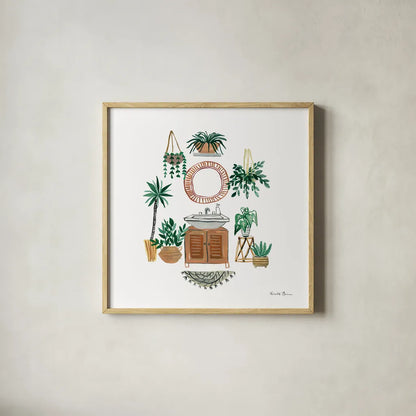 Boho Bathroom I by Farida Zaman. Shown in a natural wood glass frame for a timeless modern aesthetic. Available as an archival giclee rolled canvas, fine art paper, or poster print. SKU 82870a.