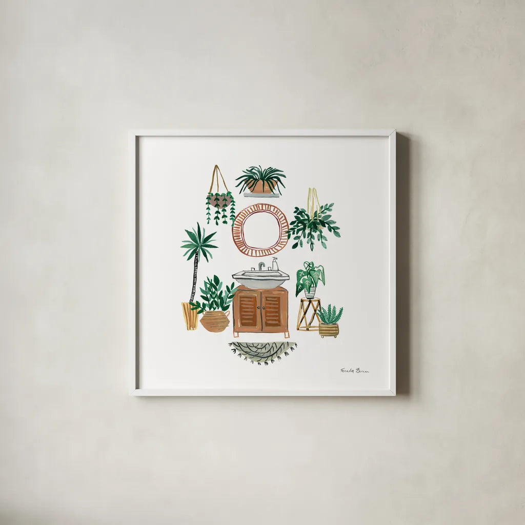 Boho Bathroom I by Farida Zaman. Shown in a crisp white glass frame for a clean and minimalist style. Available as an archival giclee rolled canvas, fine art paper, or poster print. SKU 82870a.