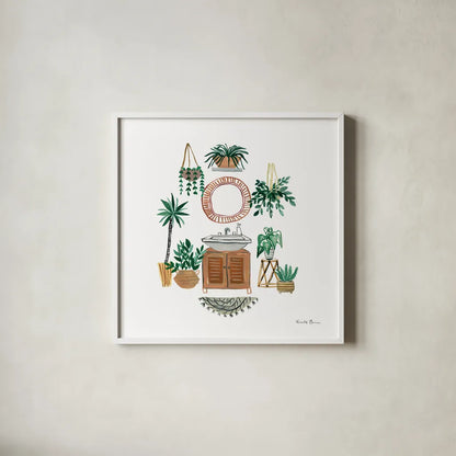 Boho Bathroom I by Farida Zaman. Shown in a crisp white glass frame for a clean and minimalist style. Available as an archival giclee rolled canvas, fine art paper, or poster print. SKU 82870a.