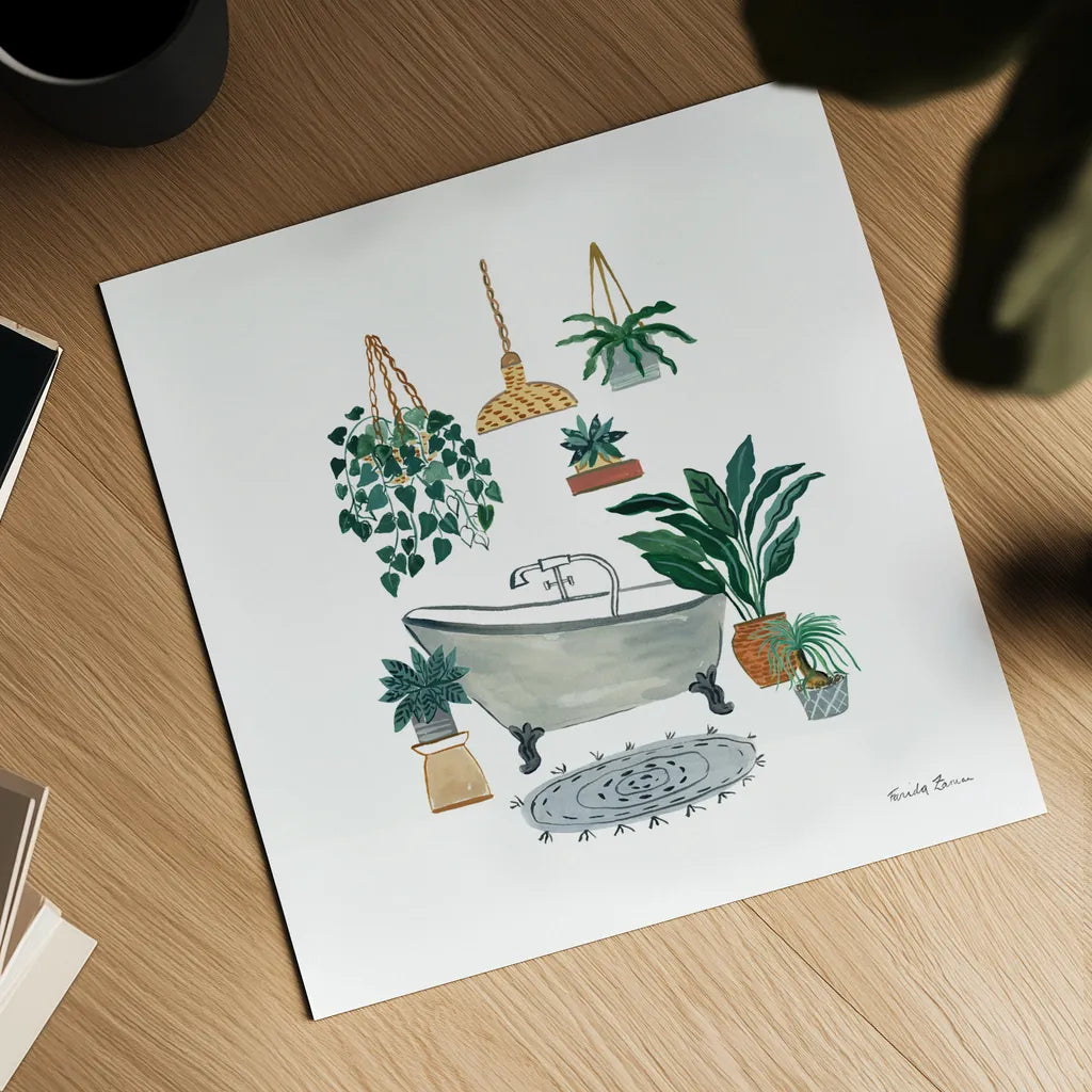 Boho Bathroom II by Farida Zaman. Shown as a detailed flat fine art print, highlighting archival giclee quality. Available as an archival giclee rolled canvas, fine art paper, or poster print. SKU 82871a.