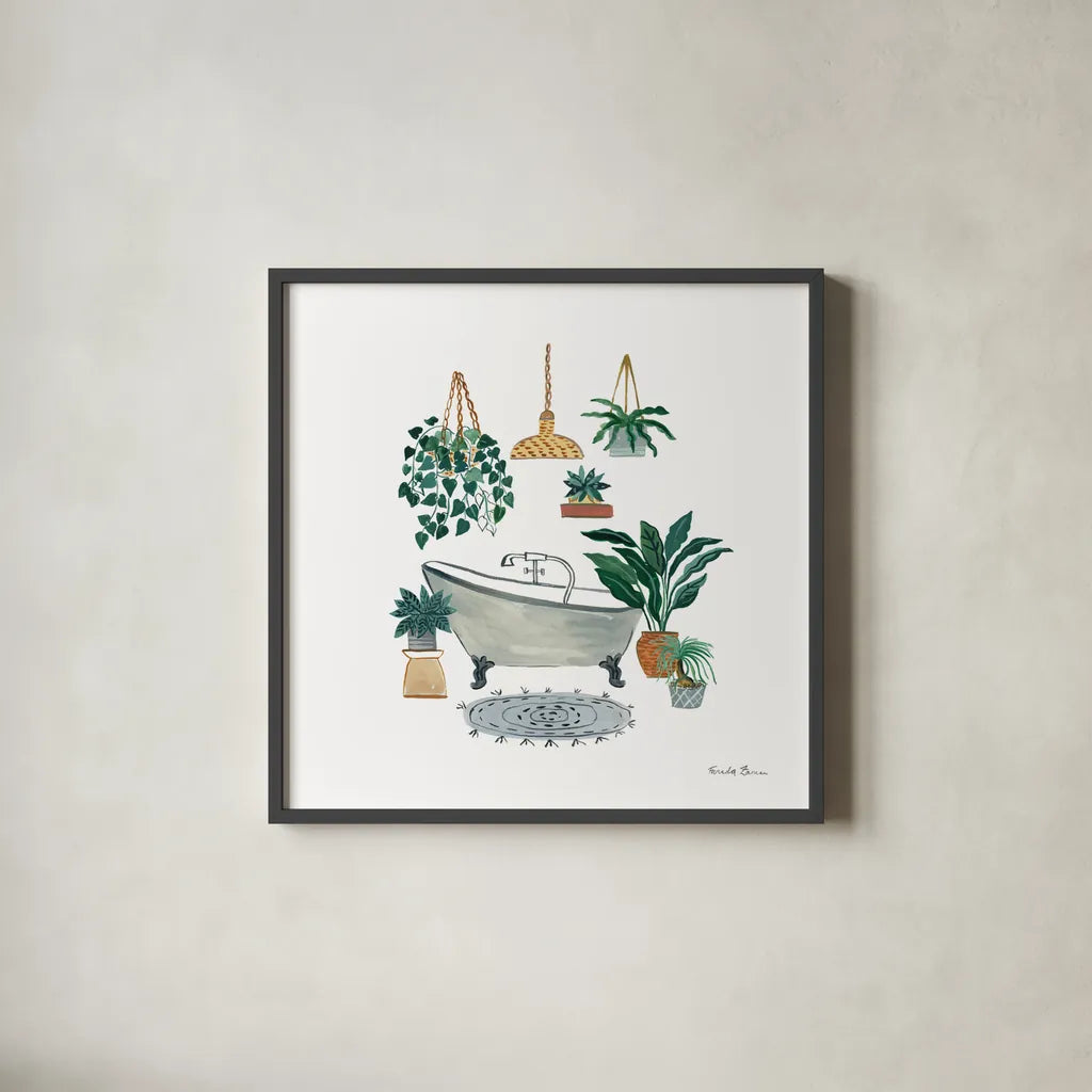 Boho Bathroom II by Farida Zaman. Shown in a sleek black glass frame for a contemporary gallery look. Available as an archival giclee rolled canvas, fine art paper, or poster print. SKU 82871a.