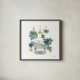 Boho Bathroom II by Farida Zaman. Shown in a sleek black glass frame for a contemporary gallery look. Available as an archival giclee rolled canvas, fine art paper, or poster print. SKU 82871a.