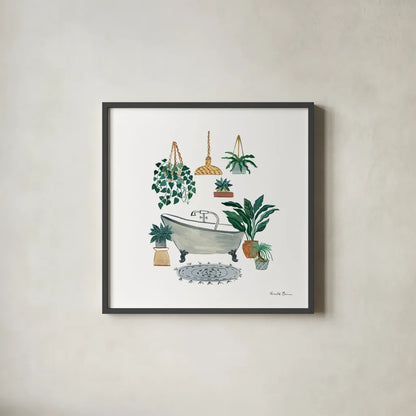 Boho Bathroom II by Farida Zaman. Shown in a sleek black glass frame for a contemporary gallery look. Available as an archival giclee rolled canvas, fine art paper, or poster print. SKU 82871a.